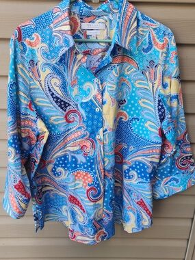 Foxcroft Turquoise Multicolor Paisley Button-Front Blouse WrinkleFree Size 18